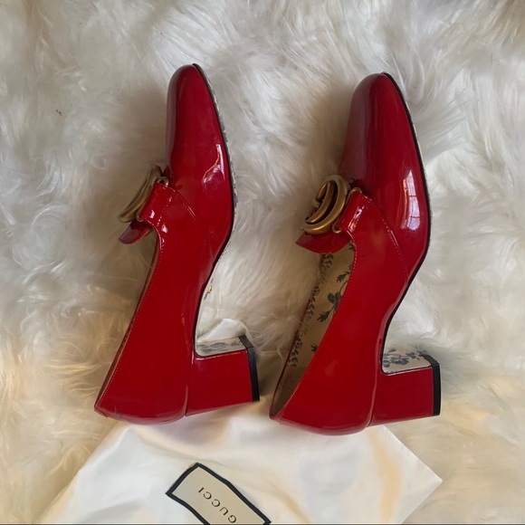 GUCCI Red Patent Vernice Block Heel GG Pumps - Picture 5 of 9